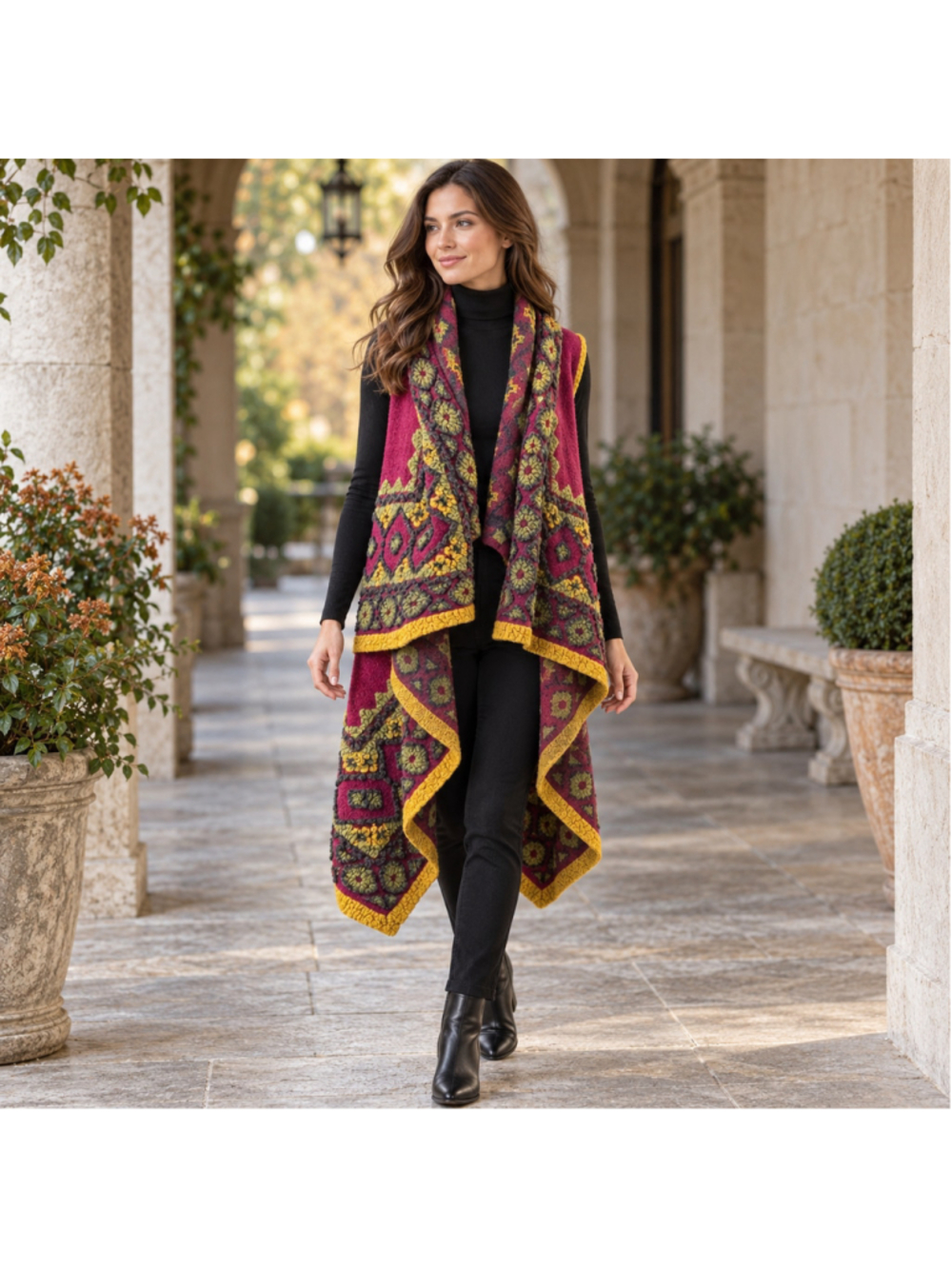 Wool Waterfall Vest Women’s M Own It Italian Knit Lagenlook Boho Artwear Magenta